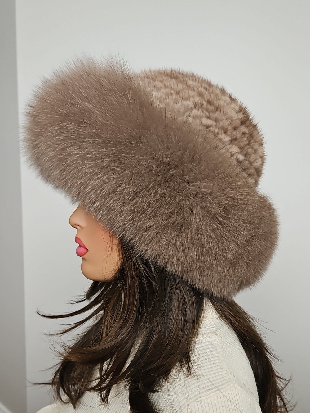 Real Mink & Fox Fur Beanie Hat Knitted Wool Base Adjustable